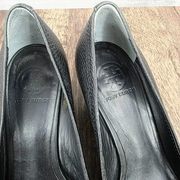 Tory Burch Sally 2 Peep Toe Wedges Heels 7 M Black Leather Logo Pebbled Designer