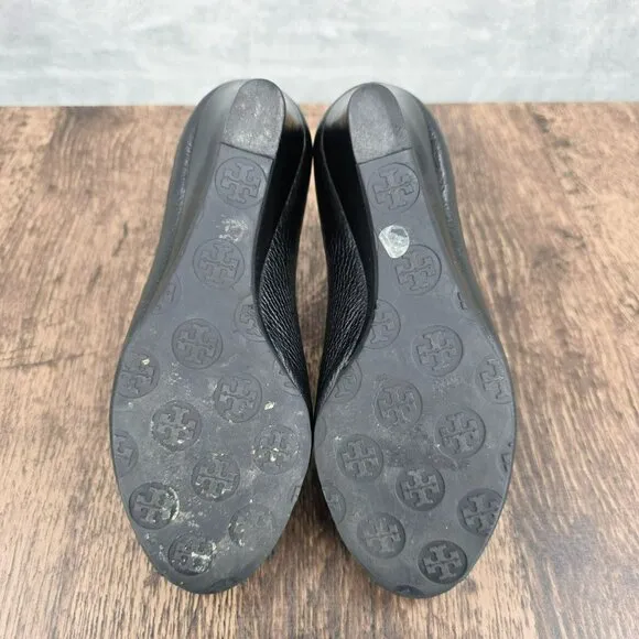Tory Burch Sally 2 Peep Toe Wedges Heels 7 M Black Leather Logo Pebbled Designer