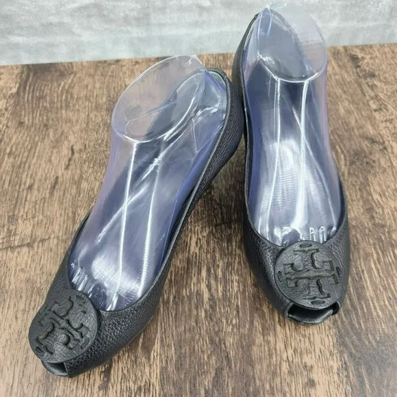 Tory Burch Sally 2 Peep Toe Wedges Heels 7 M Black Leather Logo Pebbled Designer