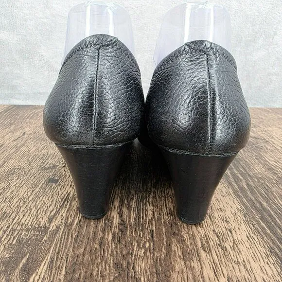 Tory Burch Sally 2 Peep Toe Wedges Heels 7 M Black Leather Logo Pebbled Designer