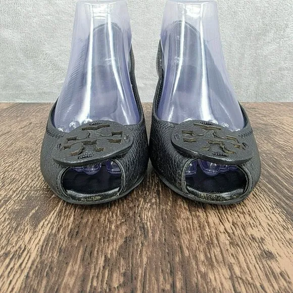 Tory Burch Sally 2 Peep Toe Wedges Heels 7 M Black Leather Logo Pebbled Designer