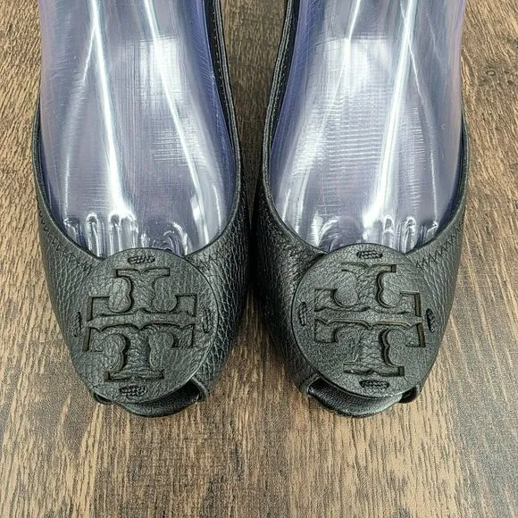 Tory Burch Sally 2 Peep Toe Wedges Heels 7 M Black Leather Logo Pebbled Designer