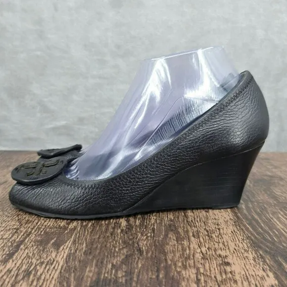 Tory Burch Sally 2 Peep Toe Wedges Heels 7 M Black Leather Logo Pebbled Designer