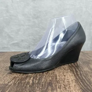 Tory Burch Sally 2 Peep Toe Wedges Heels 7 M Black Leather Logo Pebbled Designer