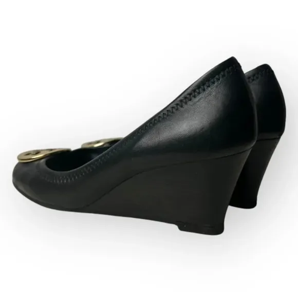 Tory Burch Sally Black Leather Wedges Pumps 5.5