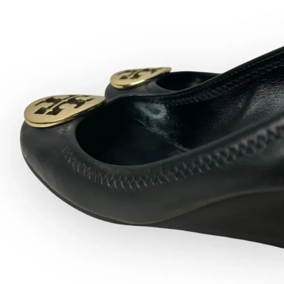 Tory Burch Sally Black Leather Wedges Pumps 5.5