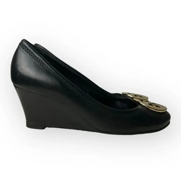 Tory Burch Sally Black Leather Wedges Pumps 5.5