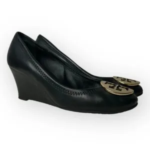 Tory Burch Sally Black Leather Wedges Pumps 5.5