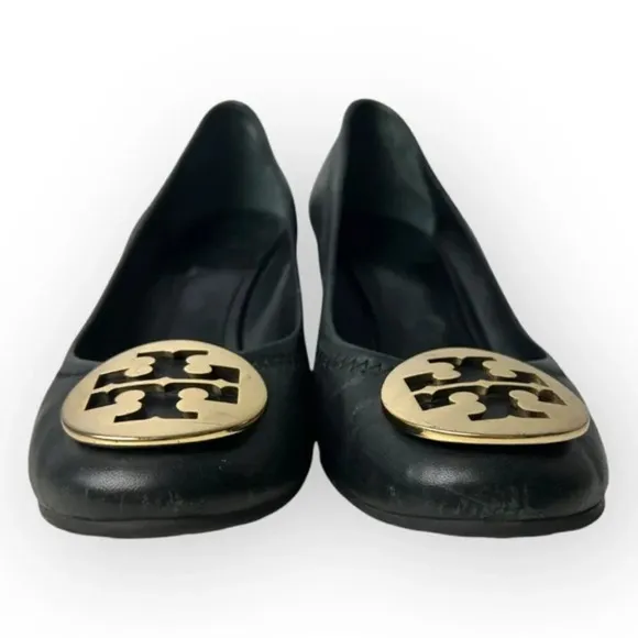 Tory Burch Sally Black Leather Wedges Pumps 5.5