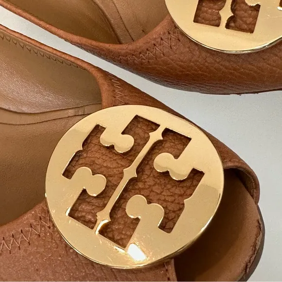 Tory Burch Sally Wedge Leather Camel Gold Logo Peep-toe Wedged Size 10M✨EUC✨