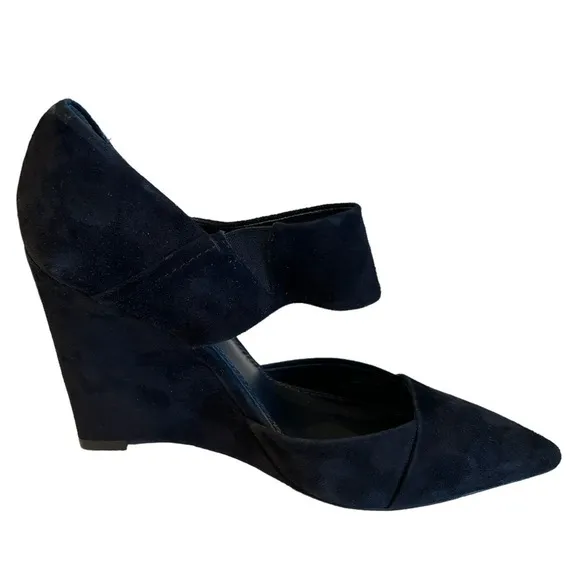 Tory Burch Saray Black Suede Leather Pointed Toe Strapped Wedges Size 7