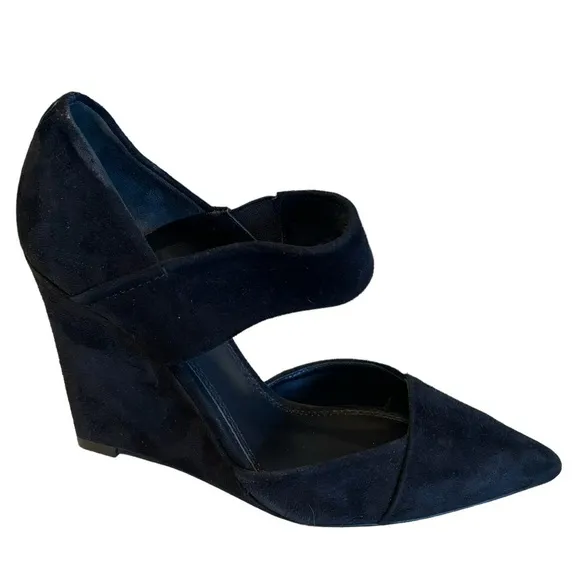 Tory Burch Saray Black Suede Leather Pointed Toe Strapped Wedges Size 7
