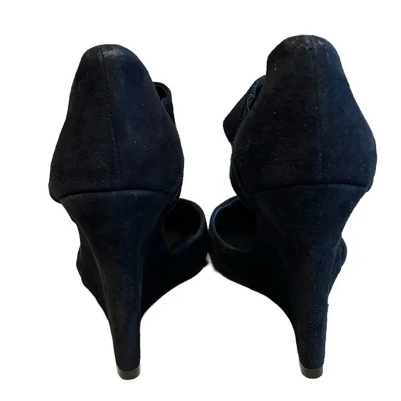 Tory Burch Saray Black Suede Leather Pointed Toe Strapped Wedges Size 7