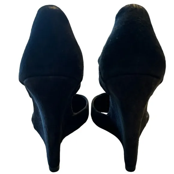 Tory Burch Saray Black Suede Leather Pointed Toe Strapped Wedges Size 7