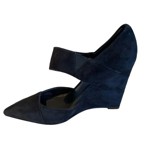 Tory Burch Saray Black Suede Leather Pointed Toe Strapped Wedges Size 7