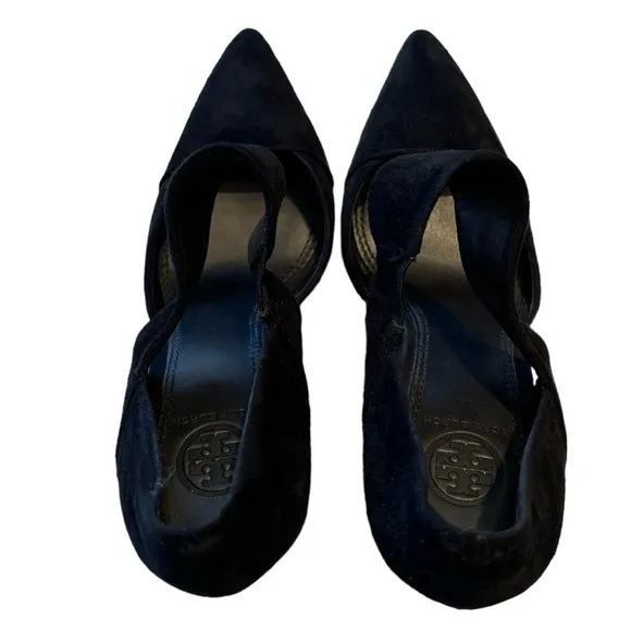 Tory Burch Saray Black Suede Leather Pointed Toe Strapped Wedges Size 7
