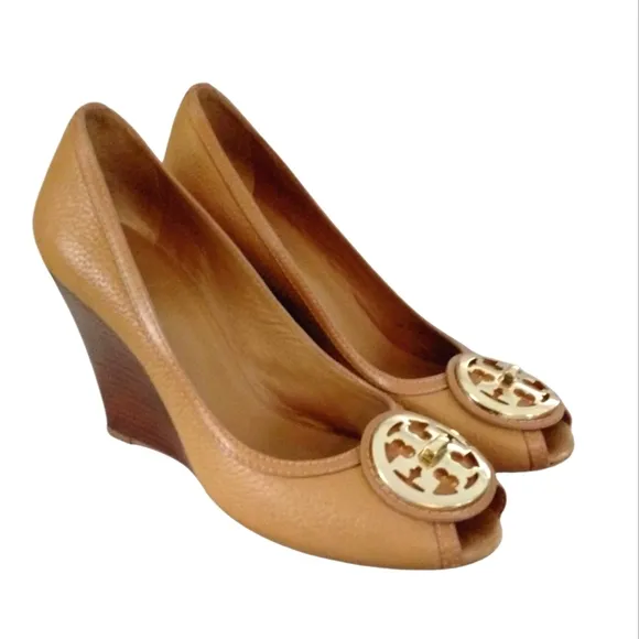 Tory Burch Selma Peep Toe Wedges Caramel/Tan Leather Wedge Heels Sz 9