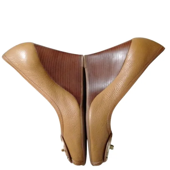 Tory Burch Selma Peep Toe Wedges Caramel/Tan Leather Wedge Heels Sz 9
