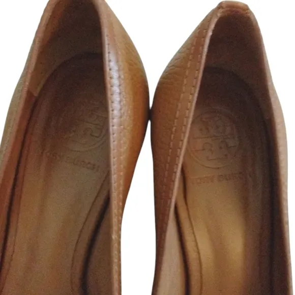Tory Burch Selma Peep Toe Wedges Caramel/Tan Leather Wedge Heels Sz 9