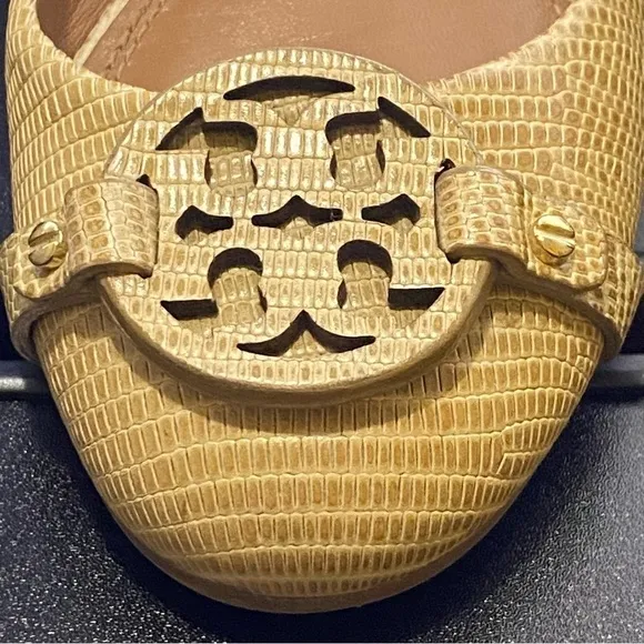 Tory Burch Size 7M Beige Neutral Lizard Embossed Leather Reva Ballet Flats