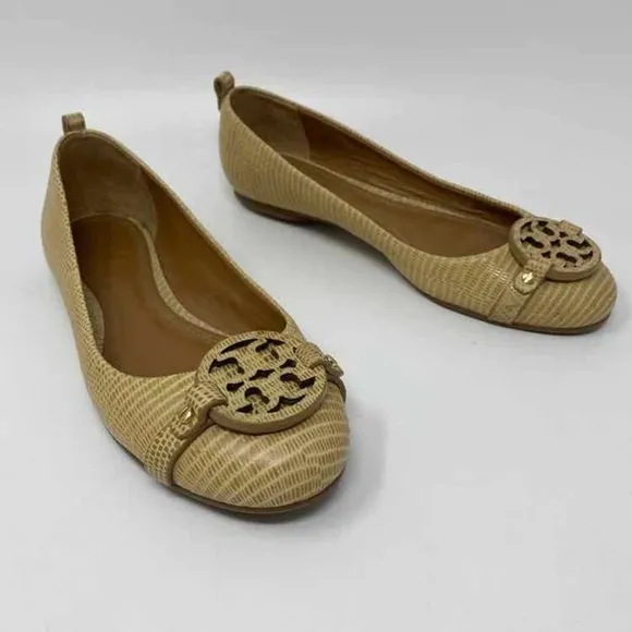 Tory Burch Size 7M Beige Neutral Lizard Embossed Leather Reva Ballet Flats