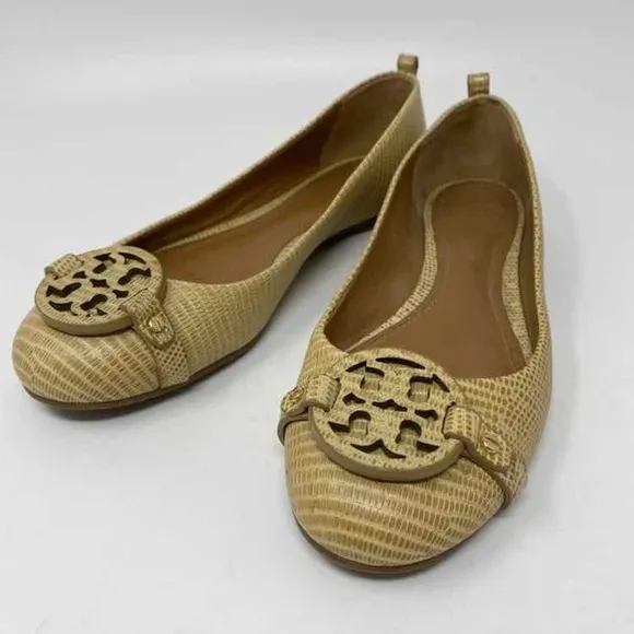 Tory Burch Size 7M Beige Neutral Lizard Embossed Leather Reva Ballet Flats