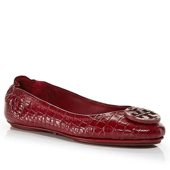 Tory Burch Size 8 • Minnie Dark Red Snake Minnie Flats Shoes Classic Logo.