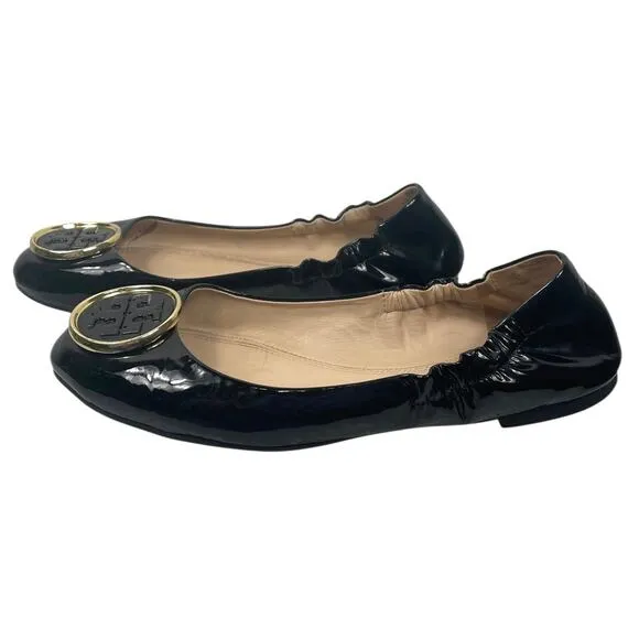 Tory Burch Twiggie Patent Logo Ballet Flats Black Size 7.5 Ballerina Casual