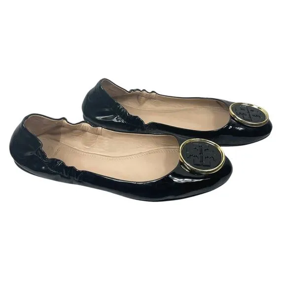 Tory Burch Twiggie Patent Logo Ballet Flats Black Size 7.5 Ballerina Casual