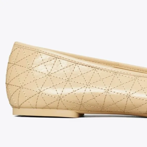 Tory Burch TWO TONE METAL Claire Quilted Ballet Flats New Porcelain Beige 10