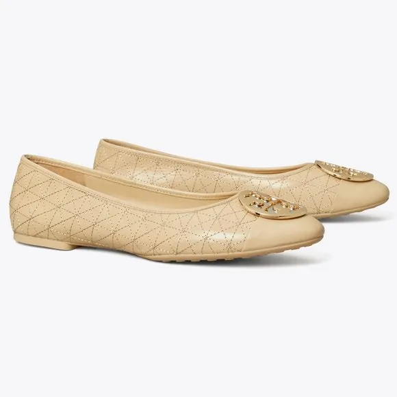 Tory Burch TWO TONE METAL Claire Quilted Ballet Flats New Porcelain Beige 10