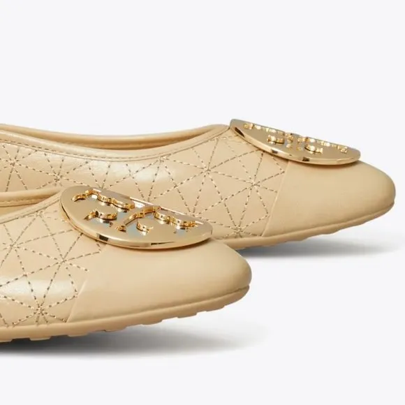 Tory Burch TWO TONE METAL Claire Quilted Ballet Flats New Porcelain Beige 10