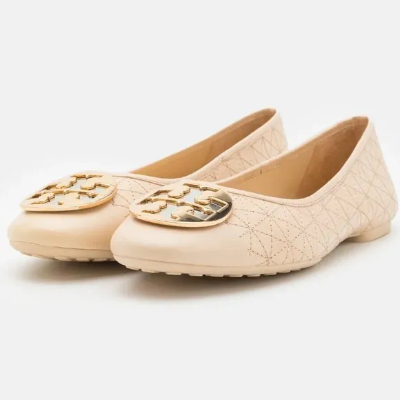 Tory Burch TWO TONE METAL Claire Quilted Ballet Flats New Porcelain Beige 10