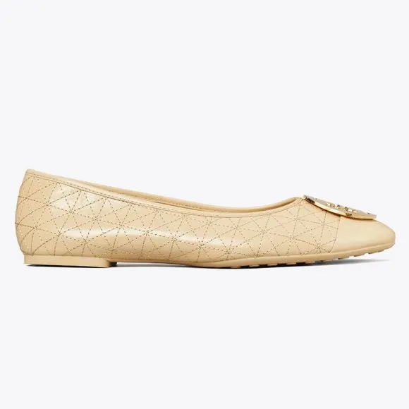 Tory Burch TWO TONE METAL Claire Quilted Ballet Flats New Porcelain Beige 10
