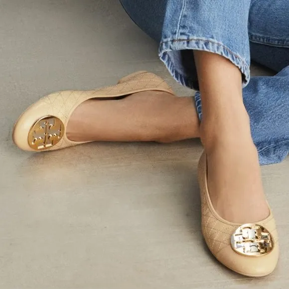 Tory Burch TWO TONE METAL Claire Quilted Ballet Flats New Porcelain Beige 10