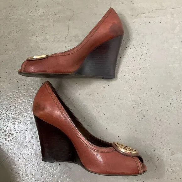 Tory Burch Peep Toe Leather Wedges