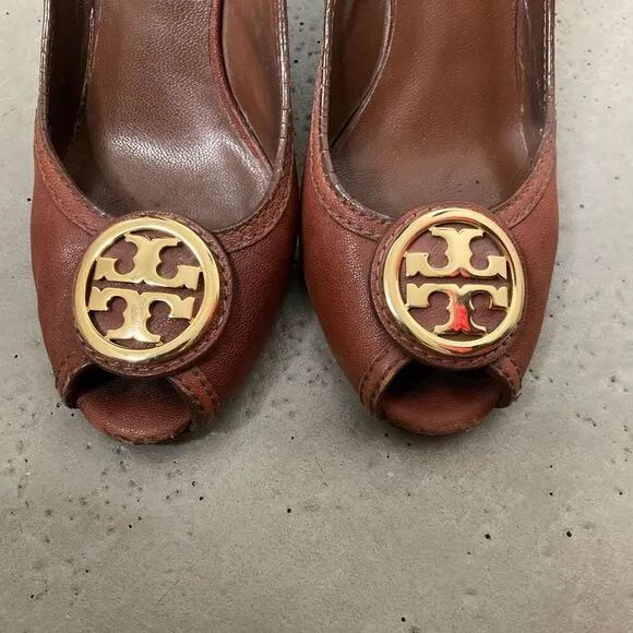 Tory Burch Peep Toe Leather Wedges