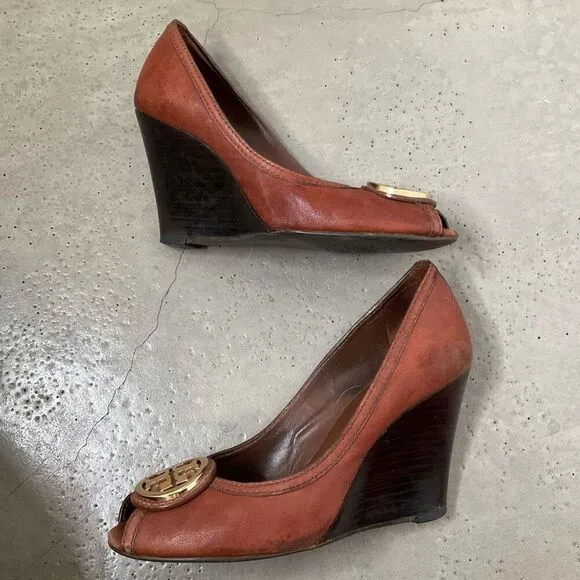 Tory Burch Peep Toe Leather Wedges