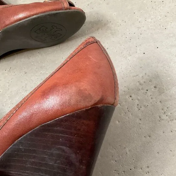 Tory Burch Peep Toe Leather Wedges