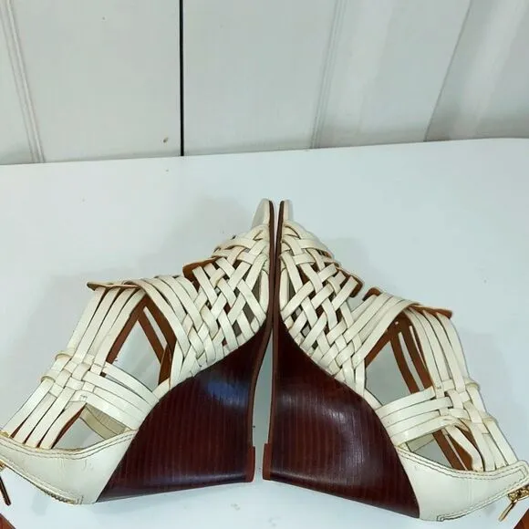 Tory Burch Tevray Ivory Leather Braided Lattice Sandal Wedges Women’s Sz 6