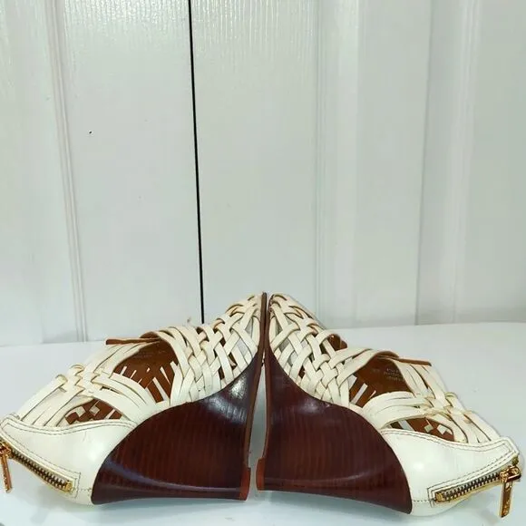 Tory Burch Tevray Ivory Leather Braided Lattice Sandal Wedges Women’s Sz 6