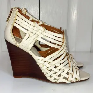 Tory Burch Tevray Ivory Leather Braided Lattice Sandal Wedges Women’s Sz 6