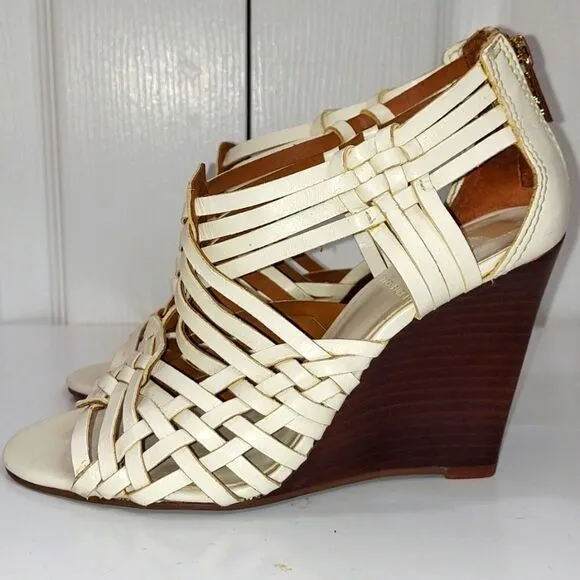 Tory Burch Tevray Ivory Leather Braided Lattice Sandal Wedges Women’s Sz 6
