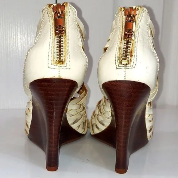 Tory Burch Tevray Ivory Leather Braided Lattice Sandal Wedges Women’s Sz 6