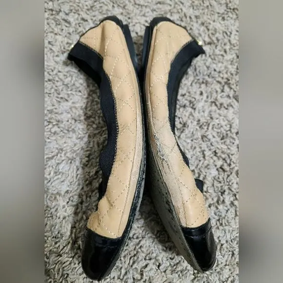 Tory Burch Womens Tan Black Quilted Cap Toe Slip On Ballet Flats Size US 7.5