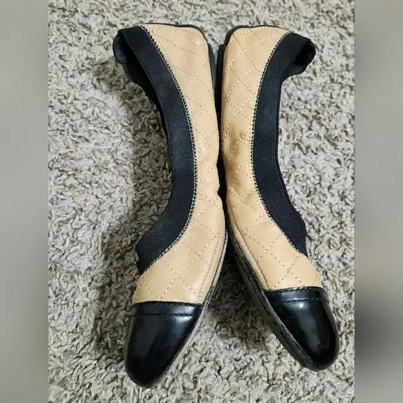 Tory Burch Womens Tan Black Quilted Cap Toe Slip On Ballet Flats Size US 7.5
