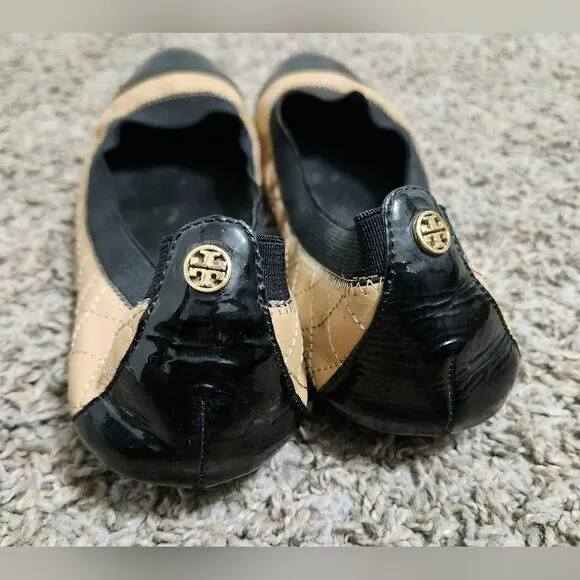 Tory Burch Womens Tan Black Quilted Cap Toe Slip On Ballet Flats Size US 7.5