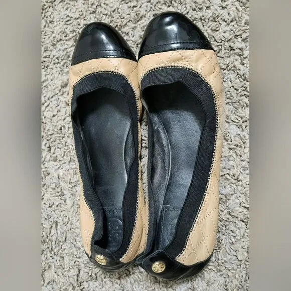 Tory Burch Womens Tan Black Quilted Cap Toe Slip On Ballet Flats Size US 7.5