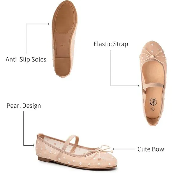 Trary Flat Shoes Women Cream Mesh Pearl Ballet Rhinestone Wide Mary Janes Shoes