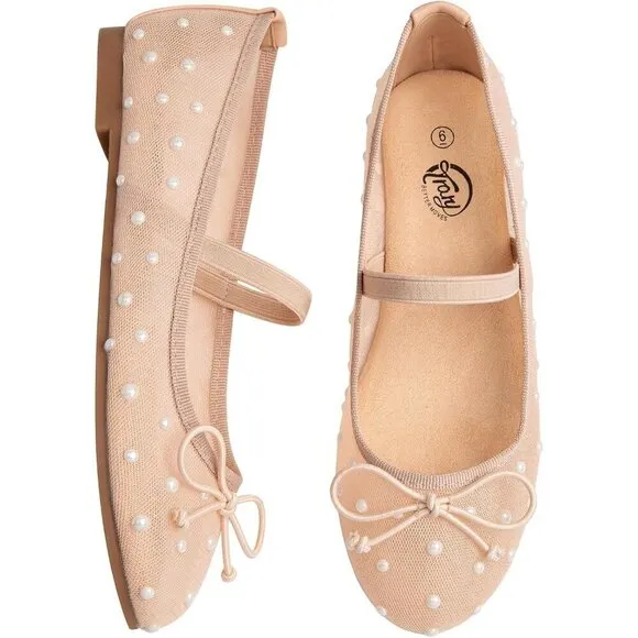 Trary Flat Shoes Women Cream Mesh Pearl Ballet Rhinestone Wide Mary Janes Shoes